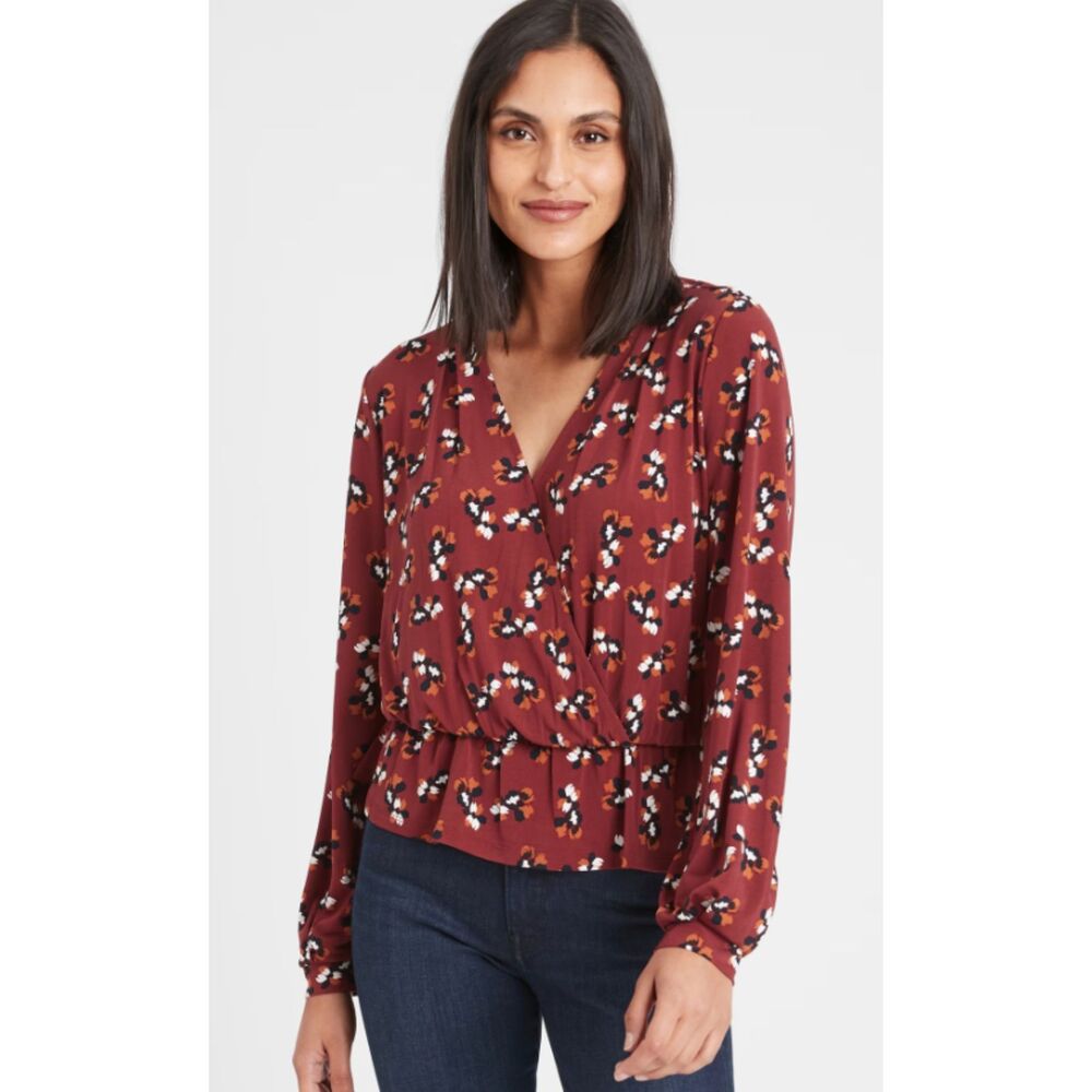 Banana Republic S Abstract Floral Wrap Peplum Top Blouse Red Rust Brown Boho